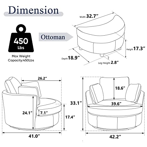 Chair and A Half with Ottoman, 360° Swivel Accent Barrel Chair Modern Comfy Round Reading Sofa Swivel Chairs Circle Lounge Chair for Bedroom Living Room w/4 Pillow Lower Seating Heigh (White, Large)