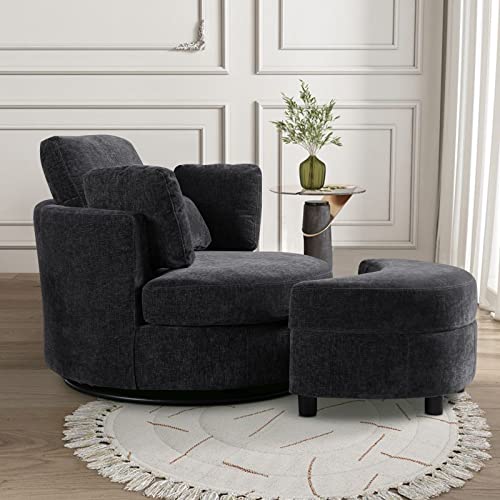 Chair and A Half with Ottoman, 360° Swivel Accent Barrel Chair Modern Comfy Round Reading Sofa Swivel Chairs Circle Lounge Chair for Bedroom Living Room w/4 Pillow Lower Seating Heigh (White, Large)