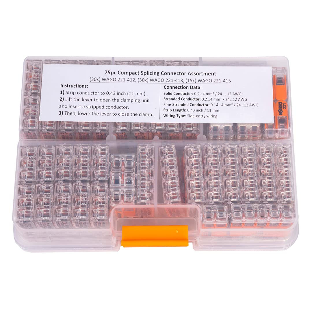 WAGO 75 Pcs Wire Connectors, 221 Series Lever-Nuts Assortment with Case, Includes (30x) 221-412, (30x) 221-413, (15x) 221-415, Compact Splicing Electrical Connector