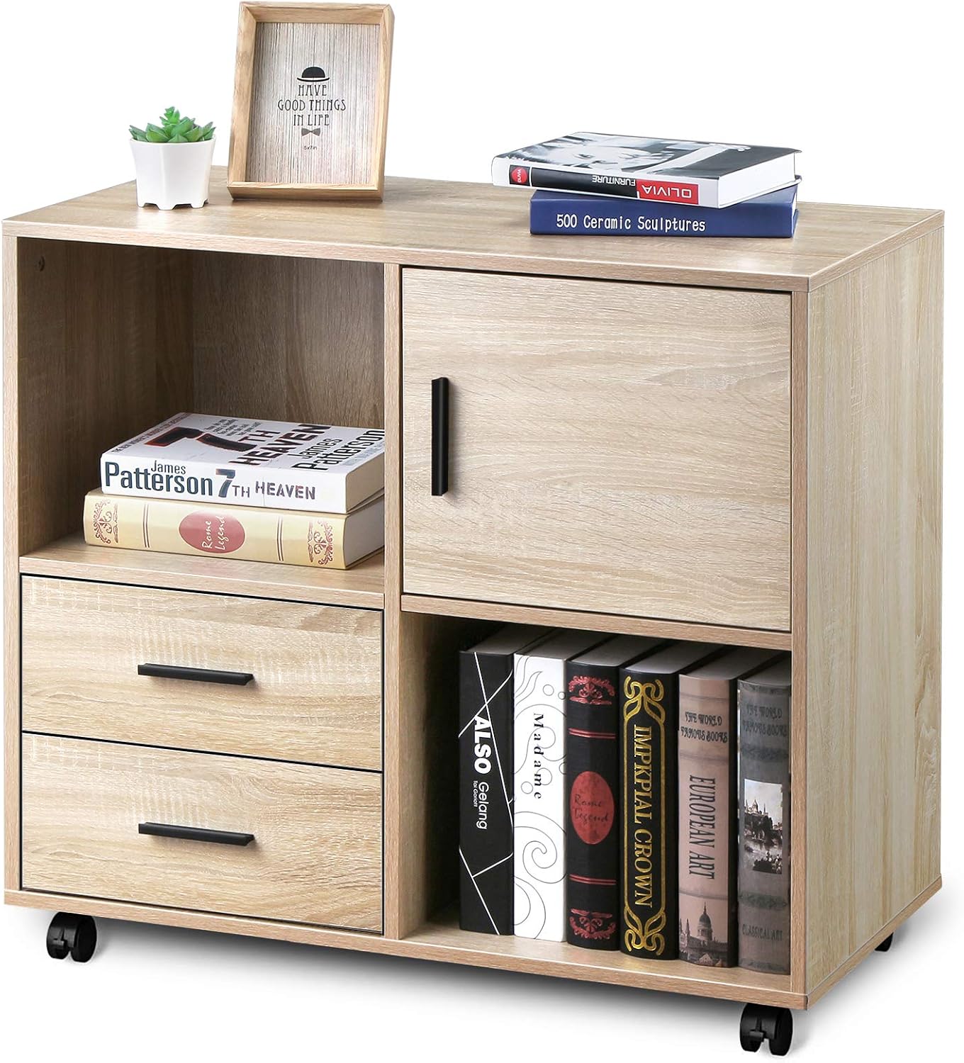 VANSPACE 3 Drawer Wood File Cabinet with Lock, Mobile Lateral Filing Cabinet, Printer Stand with Adjustable Open Storage Shelves for Home Office, Black Walnut