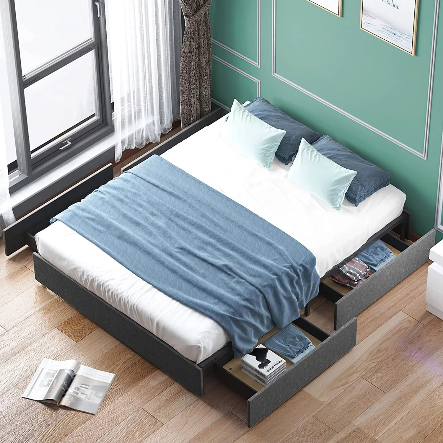 Cal King Size Bed Frame with 4 Storage Drawers Soft Cotton Linen Fabric King Size Platform Bed Frame with Wood Slat Support No Box Spring Needed/Easy Assembly/Space Saving  Dark Grey
