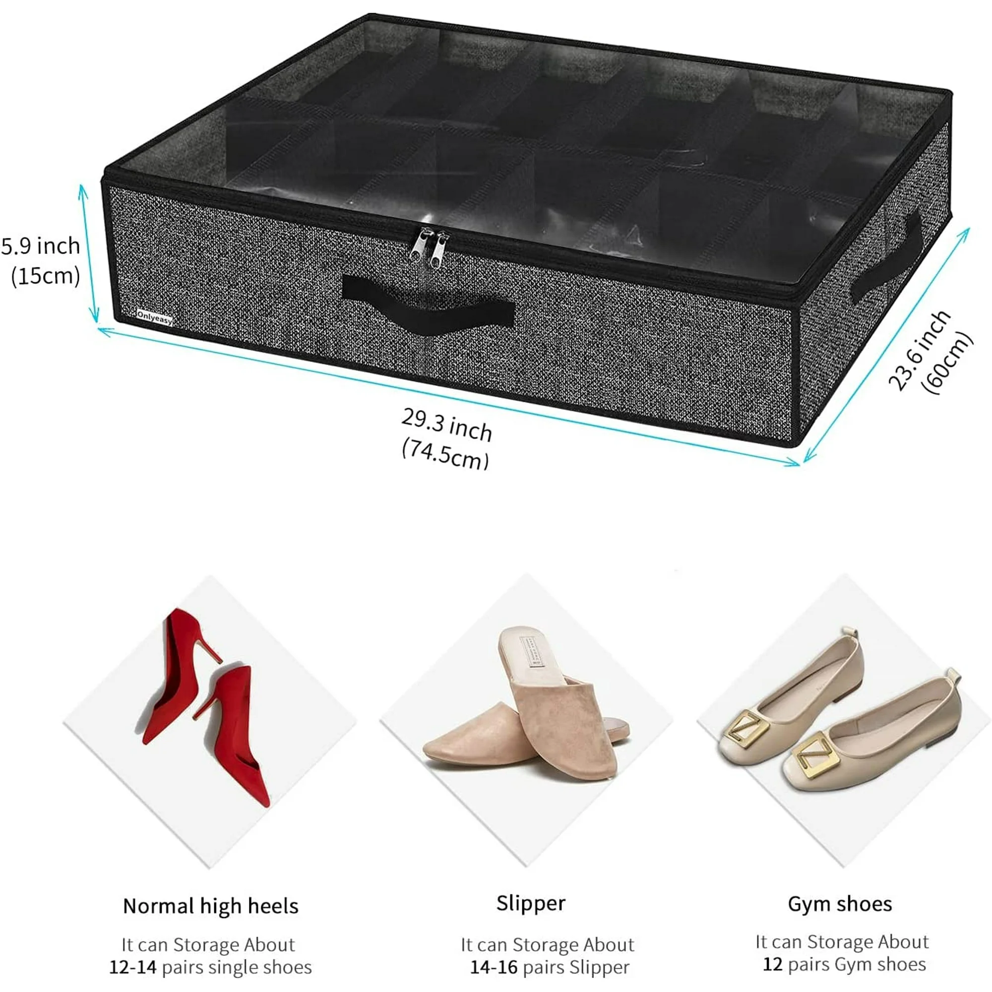 Under Bed Shoe Storage Organizer with Sturdy Handles and Clear Window  Premium Foldable Underbed Shoes Container Box for Closet, Linen-like Black