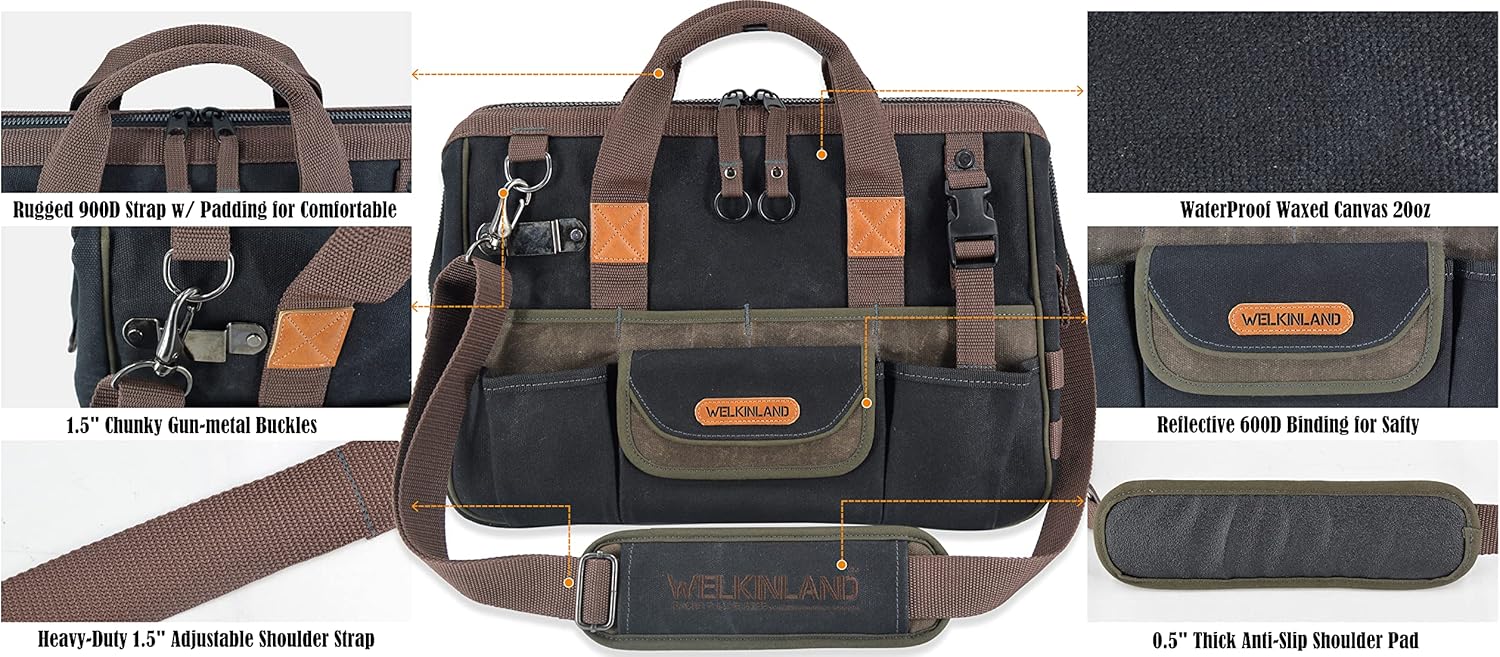 32-Pockets Waxed Canvas tool bag, Heavy-Duty Electrician tool bag, HVAC tool bag, Tool bag organizer, 16" Tools bag carrier, Tool bags for electricians, Tool bags for men, Tool bags for construction