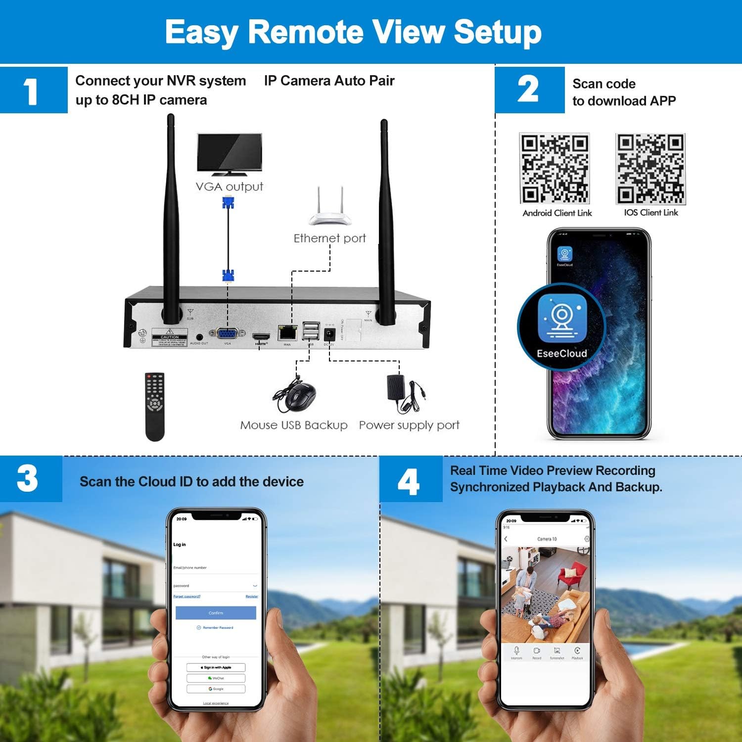 Home Security Camera System Wireless Surveillance NVR Kit with 8CH NVR 4Pcs 1080P 1-Way Audio Night Vision Remote View Motion Detection Waterproof with 1TB Hard Drive