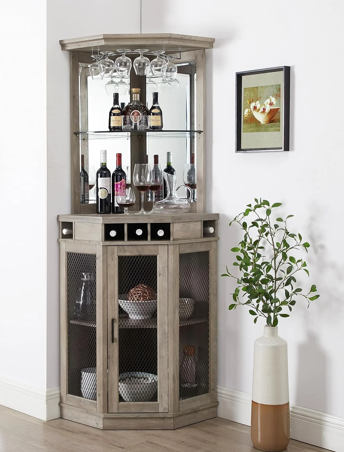 Stone Grey Corner Bar Unit 73" With Built-In Wine Rack And Lower Bar Cabinet For Liquor And Glasses | Storage