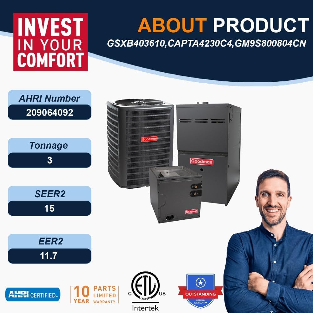 Goodman 3 Ton 15.0 SEER2 Single Stage Air Conditioner GSXB403610 and 80,000 BTU 80% AFUE Multi-Speed Gas Furnace GM9S800804CN Upflow System with CAPTA4230C4