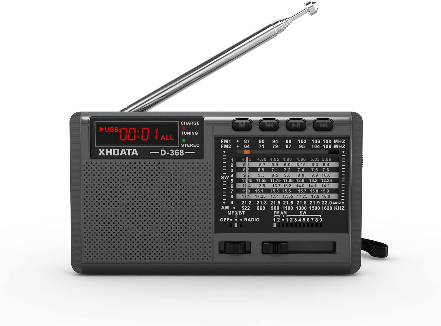 XHDATA D368 Portable Shortwave Radio FM AM SW 12 Band DSP Stereo Radio MP3 Player Wireless Bluetooth Speaker with High Sensitivity Reception Support Micro SD Card and USB Good for Parents