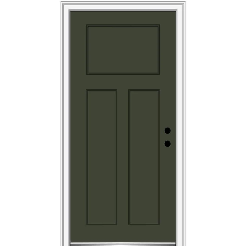 MMI Door 36 in. x 80 in. Left-Hand Inswing Craftsman 3-Panel Shaker Classic Painted Fiberglass Smooth Prehung Front DOOR, Bronze