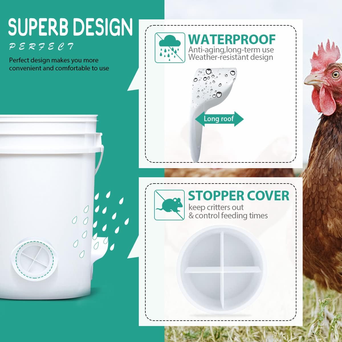 No Waste Chicken Feeder, Poultry Feeder DIY Port Gravity Automatic Fed Kit with Rat Stopper Caps, Rain Proof, Weather Resistant, for Buckets, Barrels, Bins, Troughs（8 Ports,1 Hole Saw）