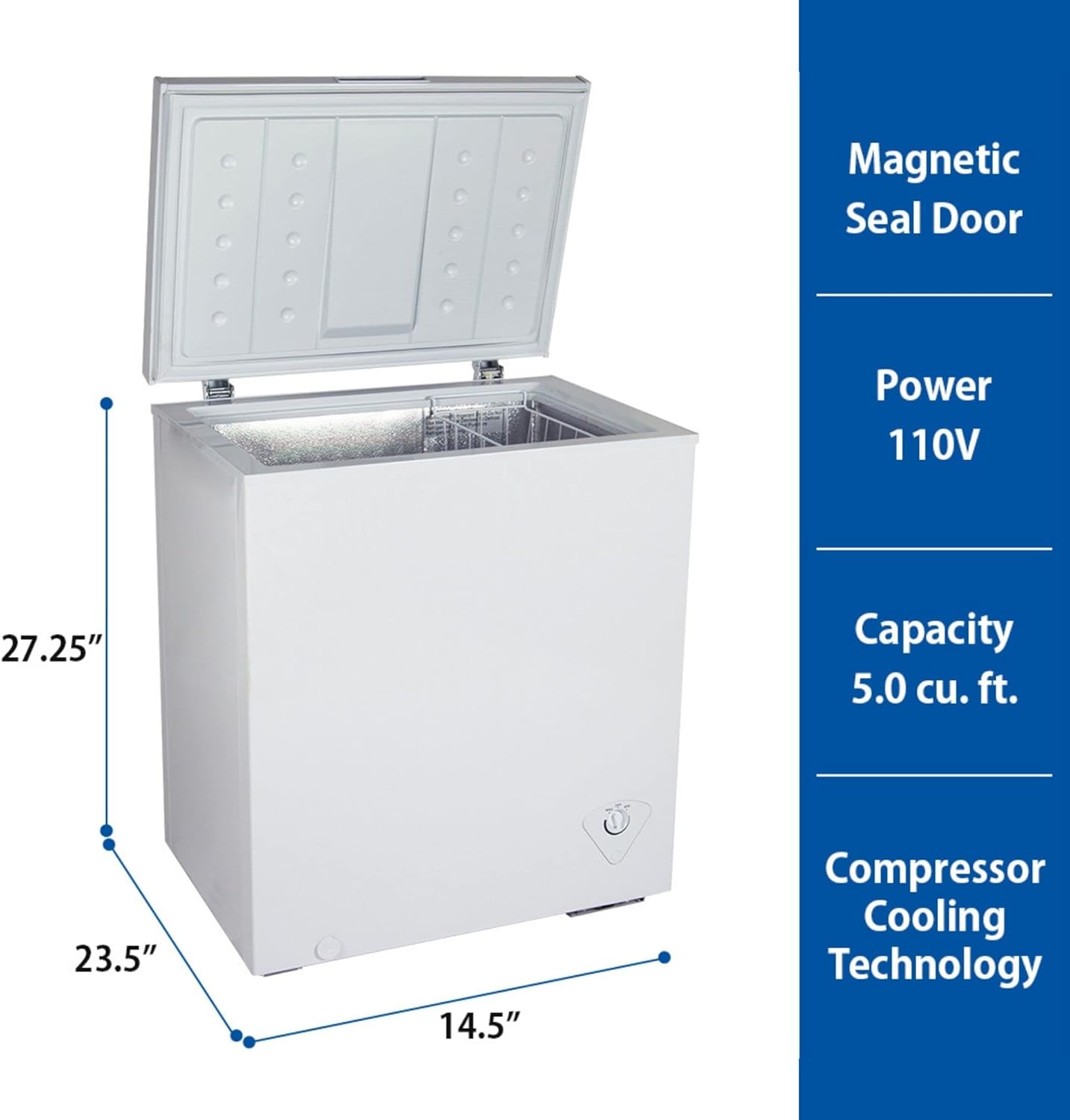 Koolatron Compact Chest Freezer, 5.5 cu ft (155L), White, Manual Defrost Deep Freeze, Storage Basket, Space-Saving Flat Back, Stay-Open Lid, Front-Access Defrost Drain, for Apartment, Condo, Cottage
