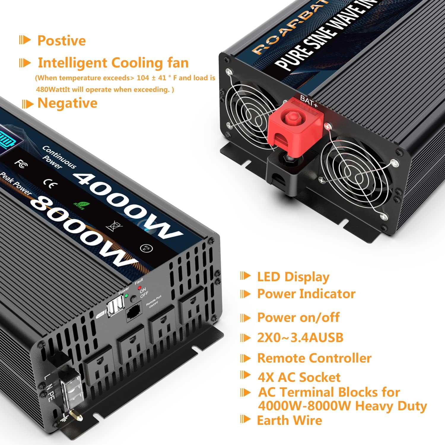 Pure Sine Wave Power Inverters 4000Watt 12V DC to AC 110V 120V Peak Power 8000Watt with Remote Control 4 AC Outlets and Dual USB Port for CPAP RV Car Solar System Emergency