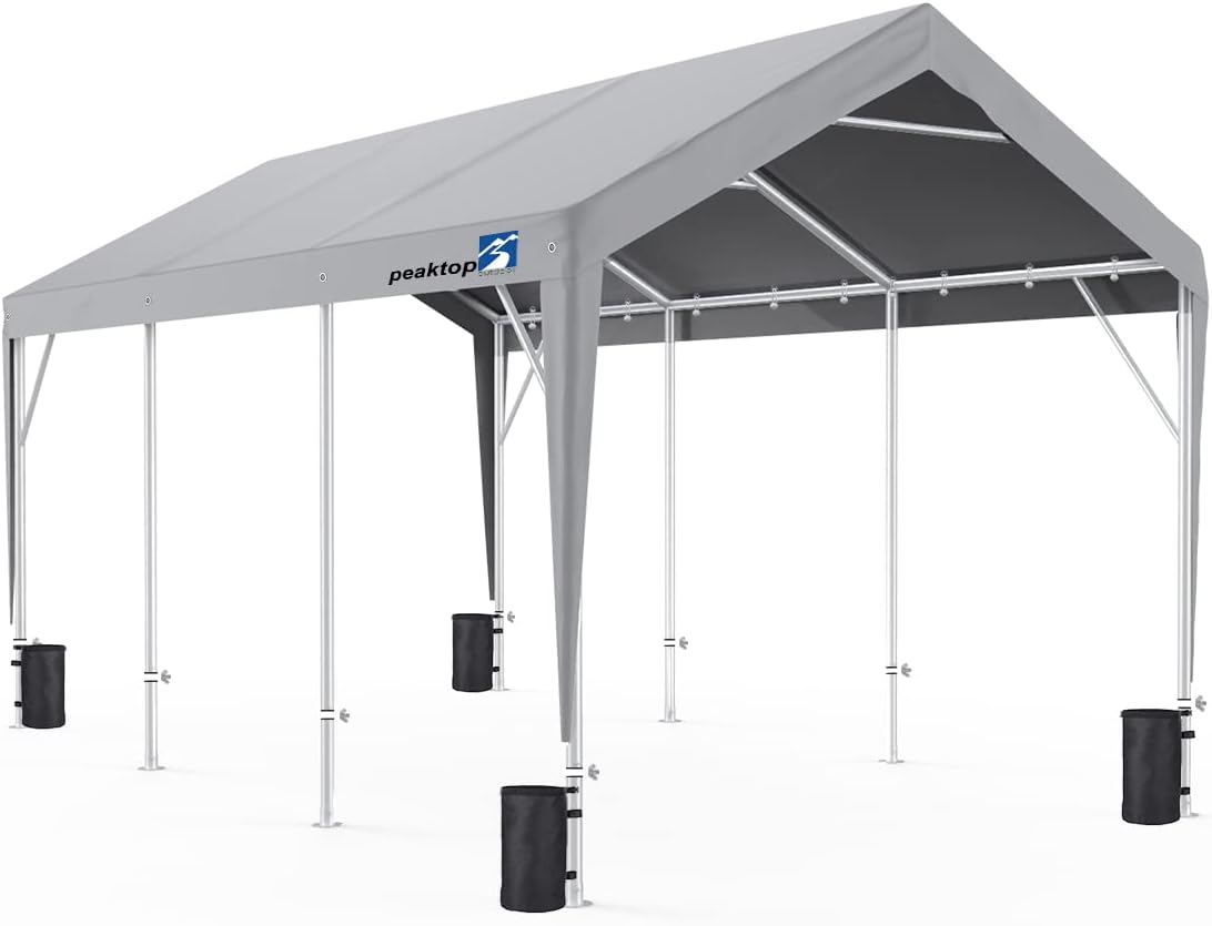 PEAKTOP OUTDOOR 10 x 20 ft Upgraded Heavy Duty Carport with Adjustable Heights from 9.5ft to 11.0ft, Portable Car Canopy, Garage Tent, Boat Shelter with Reinforced Triangular Beams and 4 Weight Bags