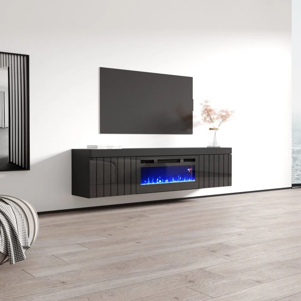 Knoxville BL-EF Floating Fireplace TV Stand for TVs up to 80", Modern High Gloss 71" Entertainment Center, Wall Mounted Electric Fireplace TV Media Console with Storage Cabinets