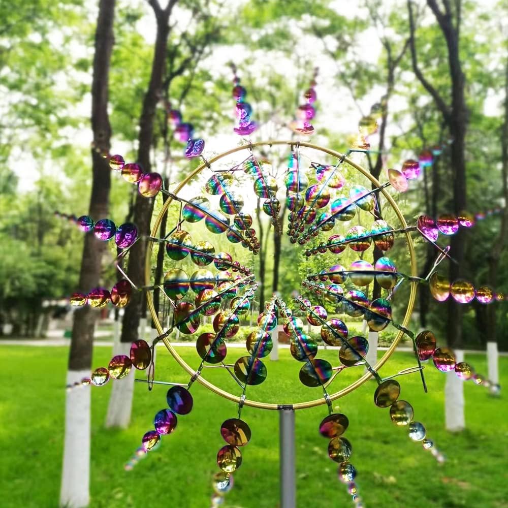 Unique and Magical Metal Windmill - 3D Wind Kinetic Sculpture - Wind Catchers Metal Outdoor Patio Decoration - Metal Wind Spinners Suitable for Outdoor Garden (Round-Silver)