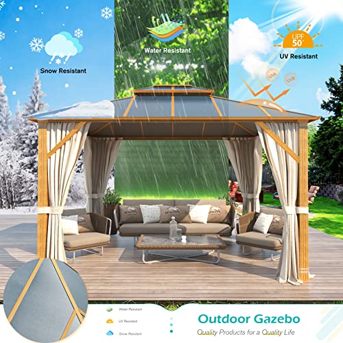 YOLENY 10' x 12' Hardtop Gazebo, Wood-Looking Gazebo with Galvanized Steel Double Roof, Aluminum Frame, Permanent Metal Pavilion with Netting and Curtains for Deck, Backyard, Patio and Lawns