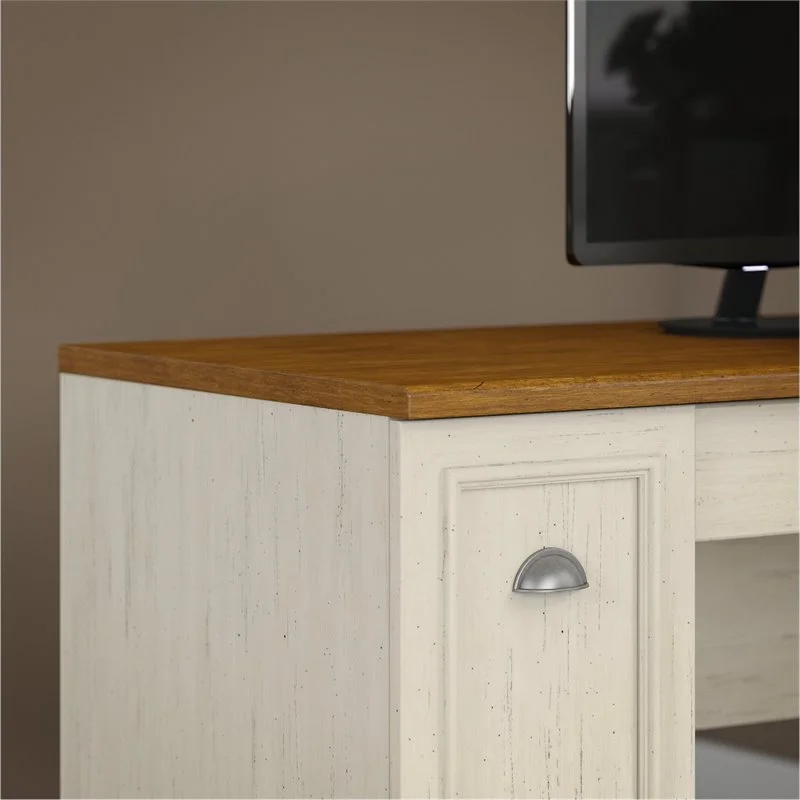 Pemberly Row Engineered Wood L Desk 5 Pc Office Set w/ Storage in Antique White