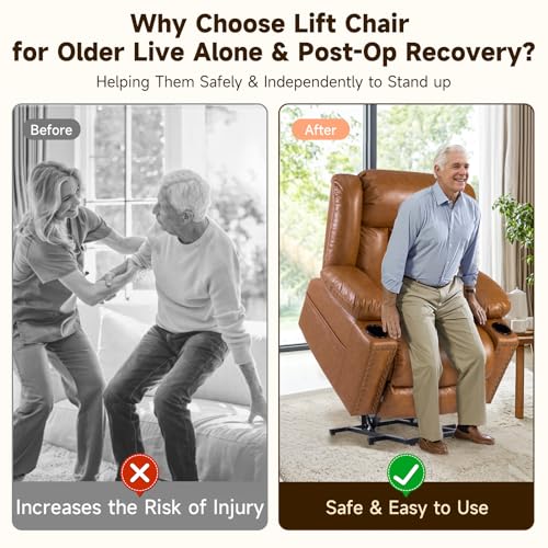 Large Power Lift Chairs Recliners for Elderly with Heated and Massage, Overstuffed Adjustable Lift Chairs, 3 Positions, Breathable Leather, USB-A and USB-C, Cup Holder, Side Pocket Dark Brown