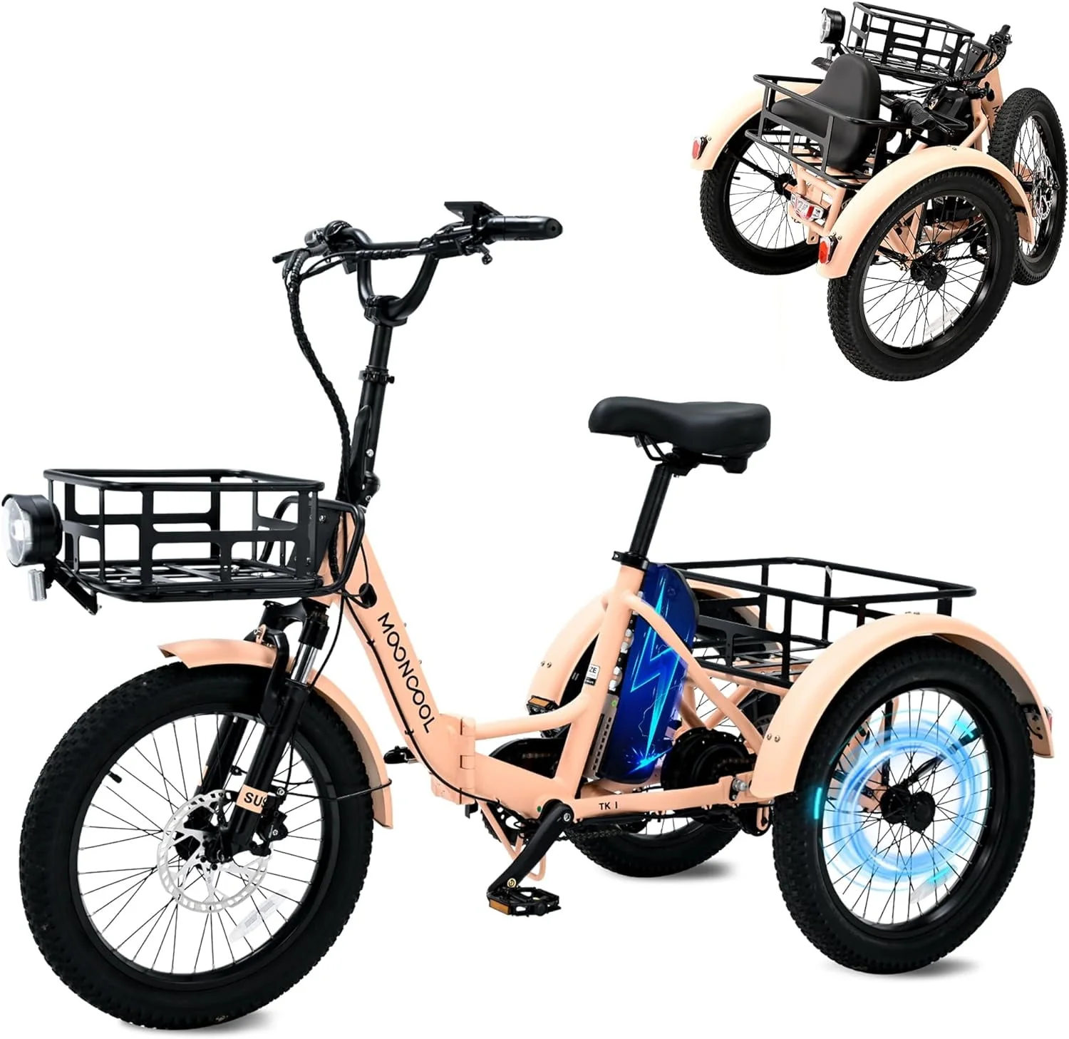 MOONCOOL 24/26 Electric Tricycle for Adults, 350W 36V 7 Speeds Electric Trike Motorized Three Wheel Electric Bikes Bicycle with Large Basket for Women Men