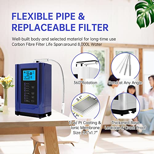 Alkaline Water Ionizer, Up to -500mV ORP, PH 3.5-10.5 Water Purifier Machine, Home Alkaline Water Filter with 7 Water Settings, 6000 Liters Per Filter,Auto-Cleaning,Intelligent Voice