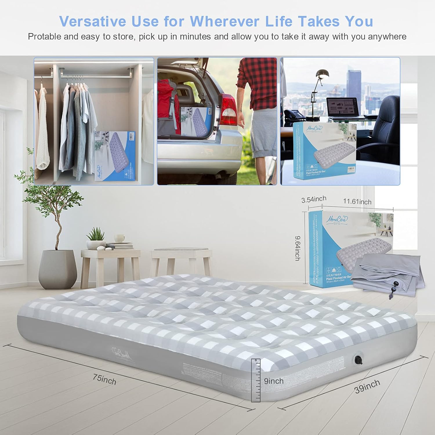 Giftway Queen Air Mattress Air Bed - Upgraded Inflatable Air Mattresses with Flocked Top Waterproof Cover Repair Kit -Foldable Blow Up Bed for Camping/Home/Guest/Travel - Housewarming Gifts for Family