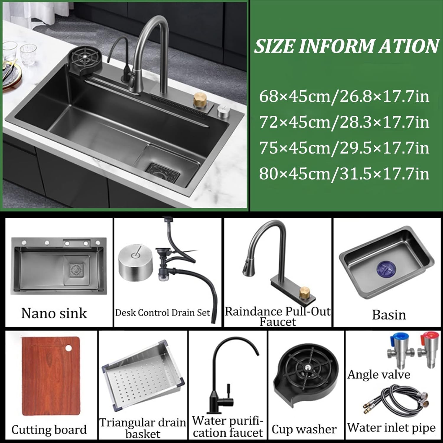 Kitchen Sink,New Stainless Steel Waterfall Sink,Bar Sink, 304 Stainless Steel Sink, with Cup Washer Sinks, Drop-in Or Undermount Installation (Black Grey)