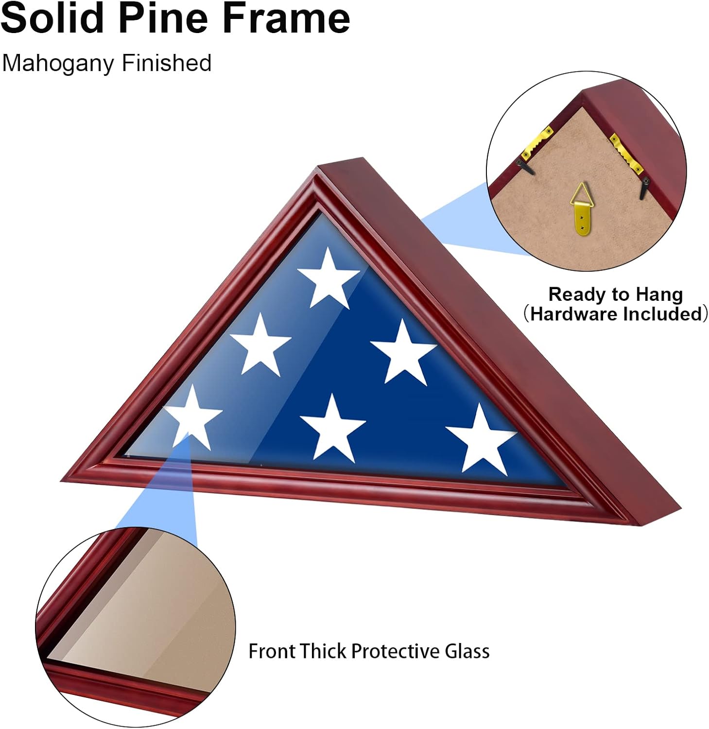 Flag Case for American Veteran Burial Flag 5x9.5 Ft, Flag Box Display Case Shadow Box for Military Funeral Memorial Flag, Solid Wood Mahogany Finish, Glass Front