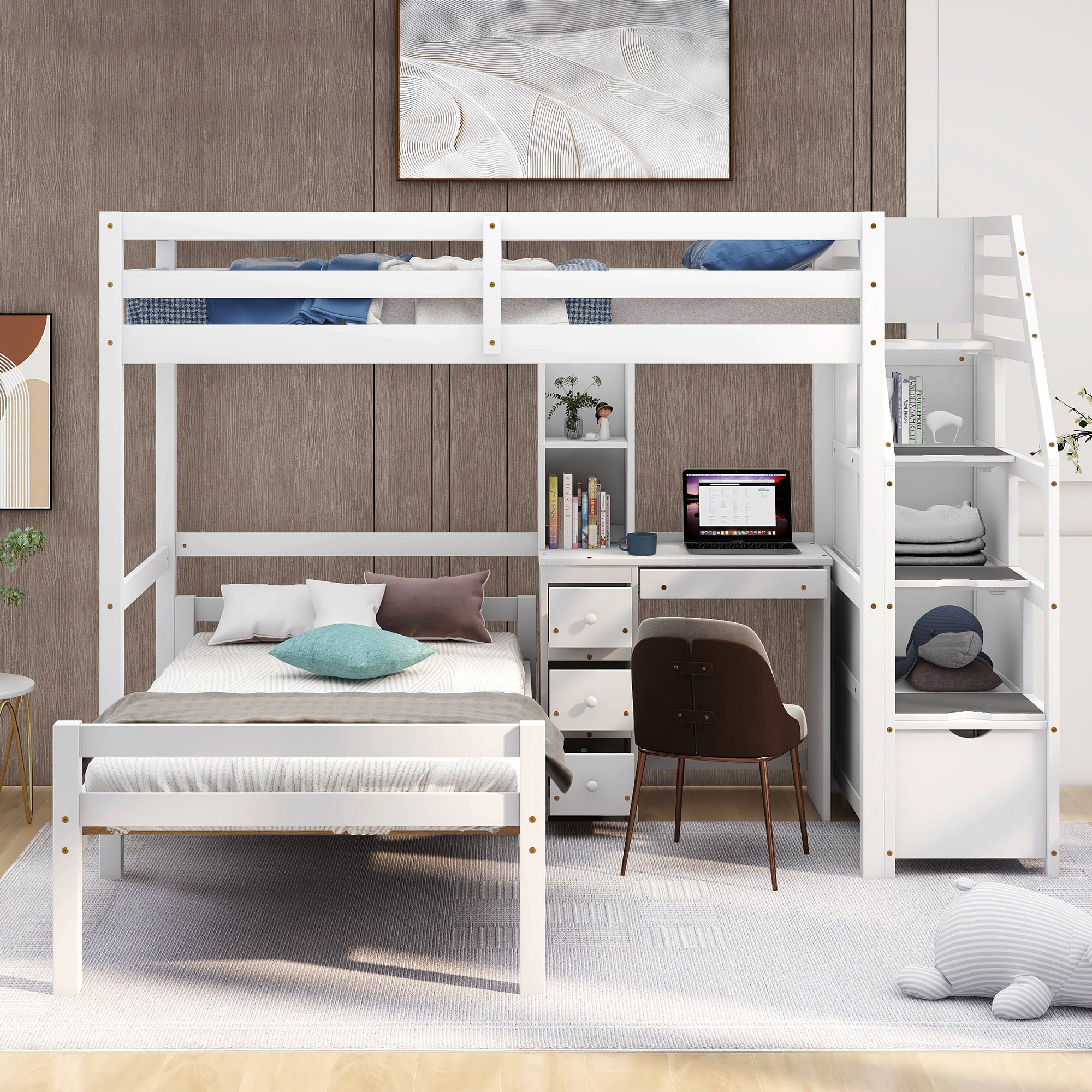 Euroco Wood Twin Bunk Loft Bed with Desk, Drawers and Shelf for Kids, White