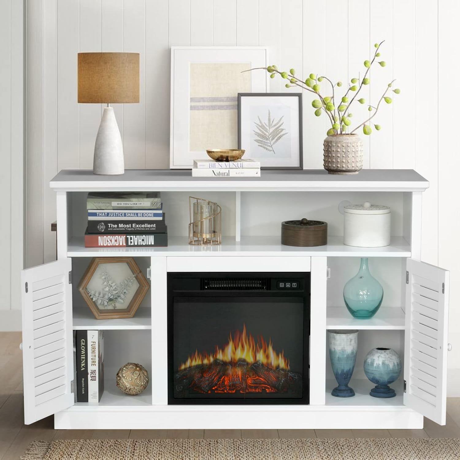Sophia & William Farmhouse Electric Fireplace TV Stand for TV's Up to 65, Accent Decorative Barn Door Storage Cabinet Chest with 23 Insert Fireplace for Living Room Bedroom Home Office, Burlywood