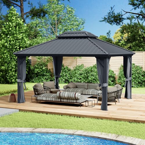 Kozyard Caesar 10'x10' Hardtop Gazebo - Permanent Metal Pavilion with Netting and Shaded Curtains for Patio, Backyard, and Deck - Galvanized Steel Outdoor Aluminum Canopy, Double Roof Gazebo (Grey)