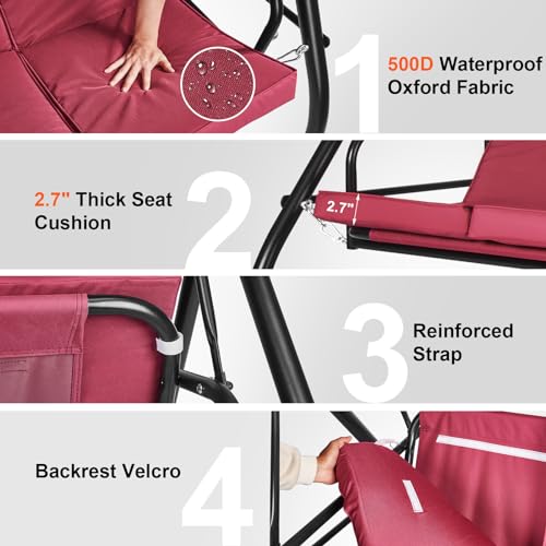 VEVOR 3-Seat Patio Swing Chair, Converting Canopy Swing, Outdoor Patio Porch with Adjustable Canopy, Removable Thick Cushion and Alloy Steel Frame, for Balcony, Backyard, Poolside, Brown