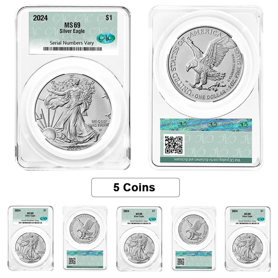 Lot of 5 - 2024 1 oz Silver American Eagle CAC MS 69 - Curated Treasures Market