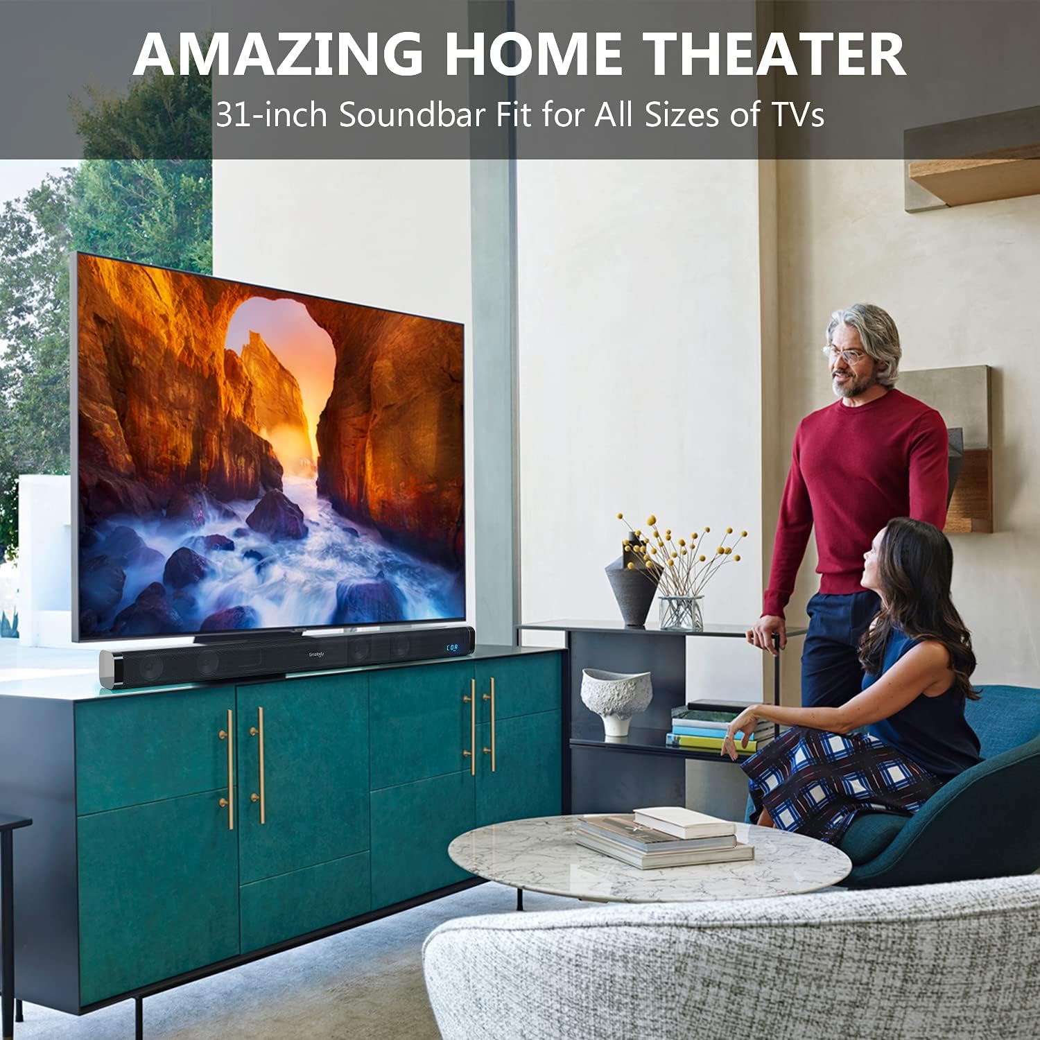 Smalody Soundbar, 31 Inch Sound Bar for TV with LED Display, Home Theater System - Connects to Bluetooth, Optical, Coaxial, AUX Input, Connection