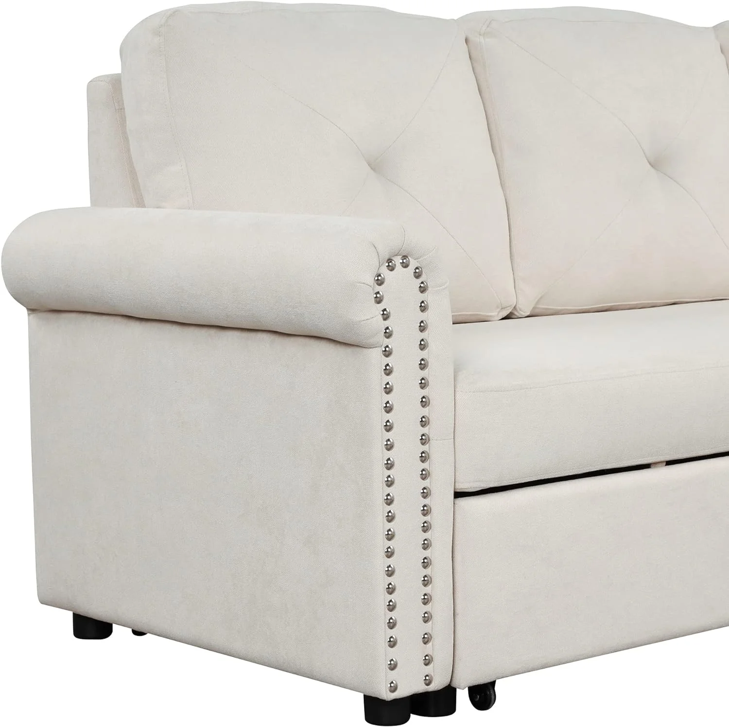 Convertible Pull-Out Sleeper Sofa Bed W/Storage Chaise Lounge, L-Shape 3-Seat Linen Corner Sofa Couch With Button Tufted Design And Copper Nailhead Trim (Beige)