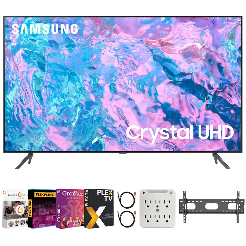 Samsung UN85CU7000 85 inch Crystal UHD 4K Smart TV (2023 Model) Bundle with Premiere Movies Streaming + 37-100 Inch TV Wall Mount + 6-Outlet Surge Adapter + 2X 6FT 4K HDMI 2.0 Cable - Curated Treasures Market