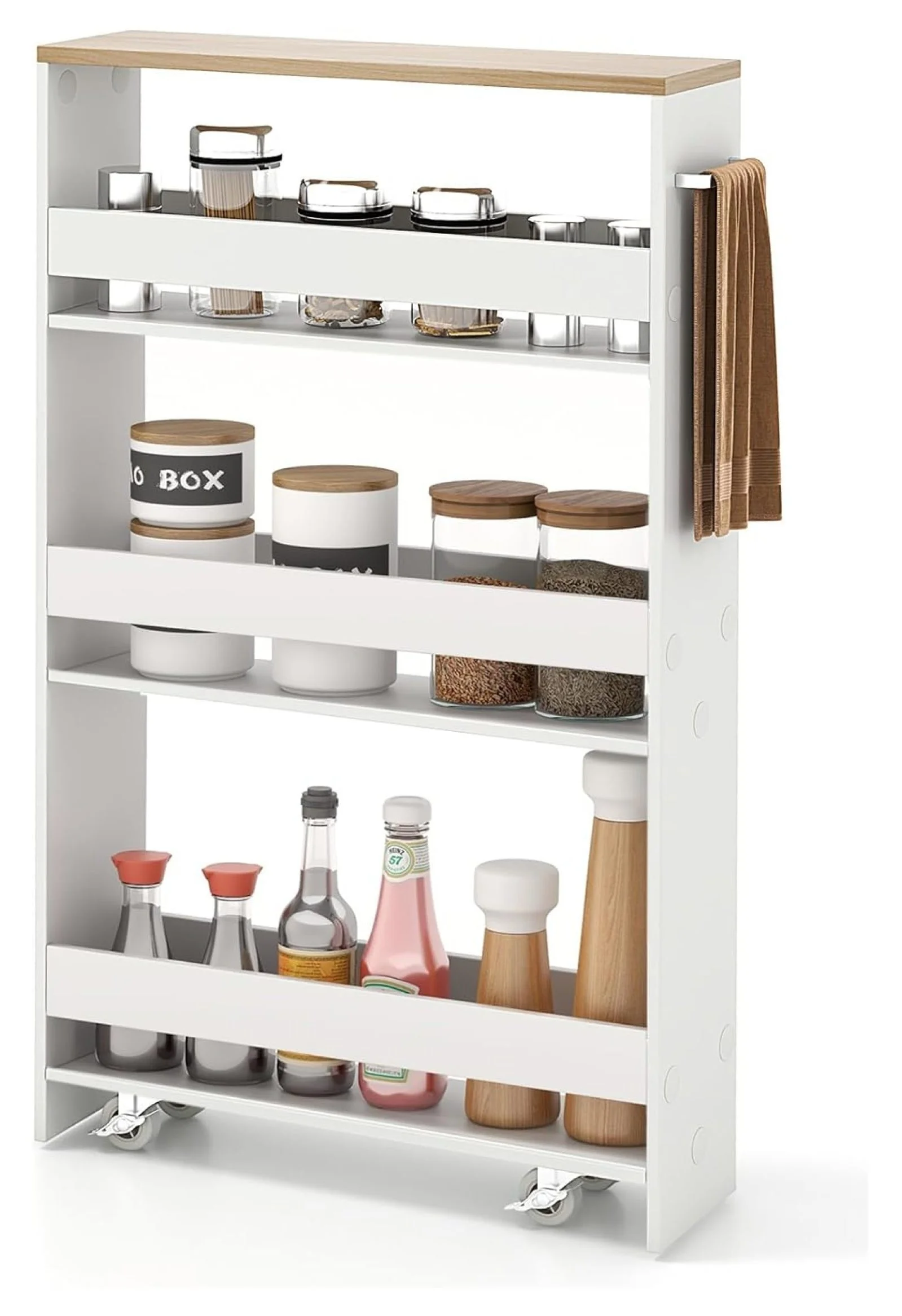 Slim Rolling Storage Cart, 4-Tier Kitchen Utility Carts on Wheels, Wood Shelving Unit Organizer Trolley with Handle, 5” Width Narrow Cart for Small Spaces, Laundry, Bathroom (White & Natural) - Curated Treasures Market
