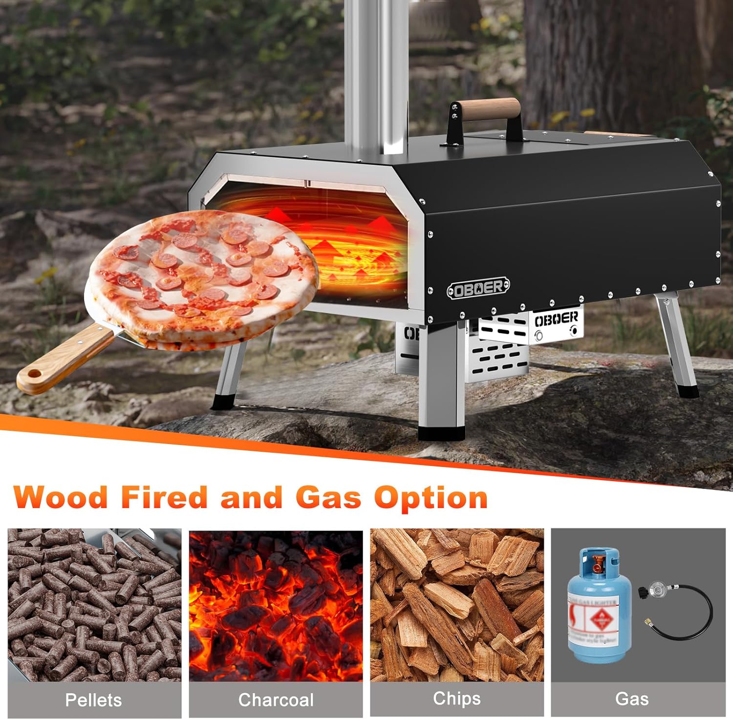 Multi-Fuel Pizza Oven Outdoor with 360°Auto Rotate, 13” Gas Propane & Wood Fired Pizza Maker, Stainless Steel 3-Layer Oven, Portable Pizza Maker with Built-in Thermometer
