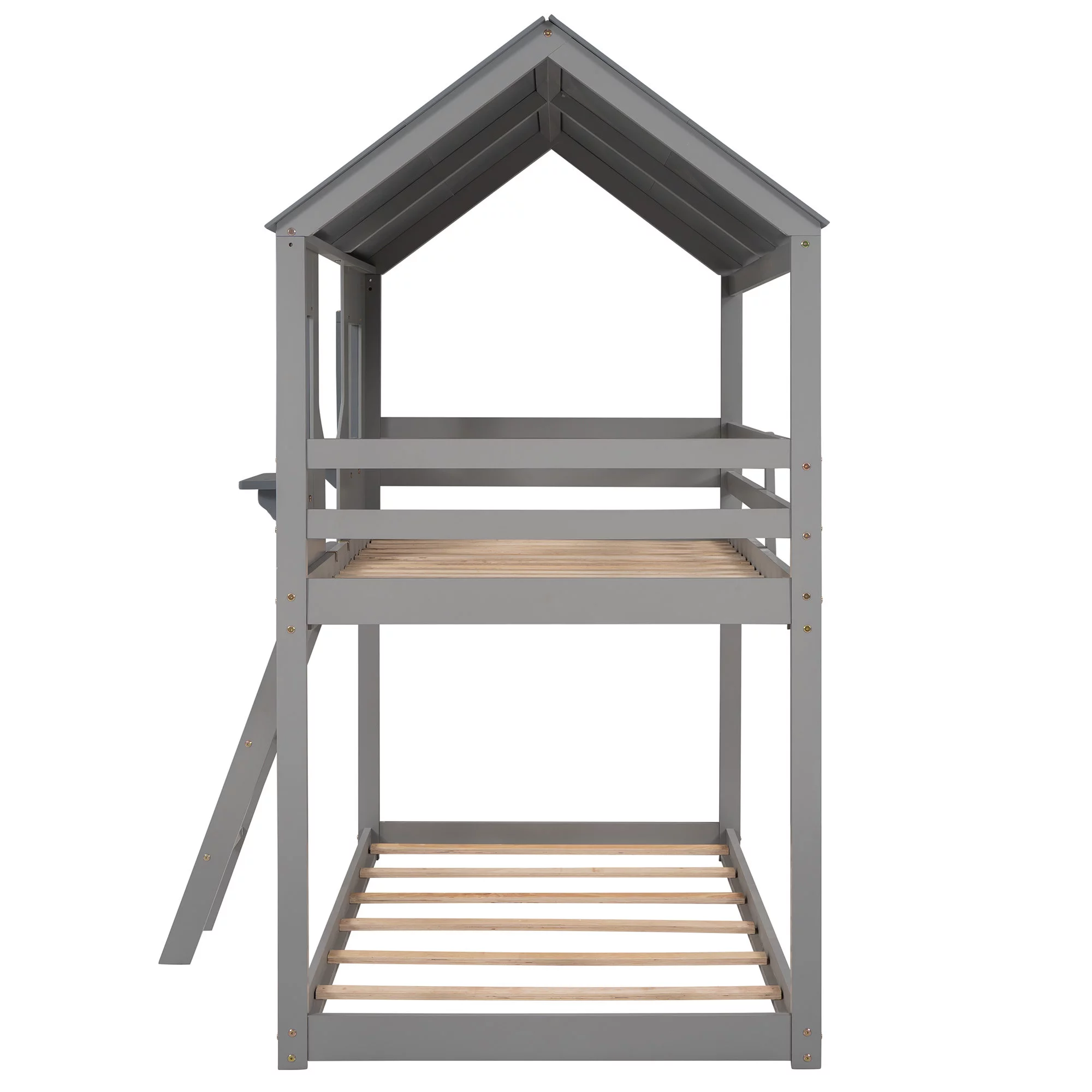 Bellemave Kids Bunk Bed Twin Over Twin, Wooden House Bunk Bed with Roof and Windows, Floor Bunk Beds for Kids Teens Girls Boys, No Spring Box Required (Gray)
