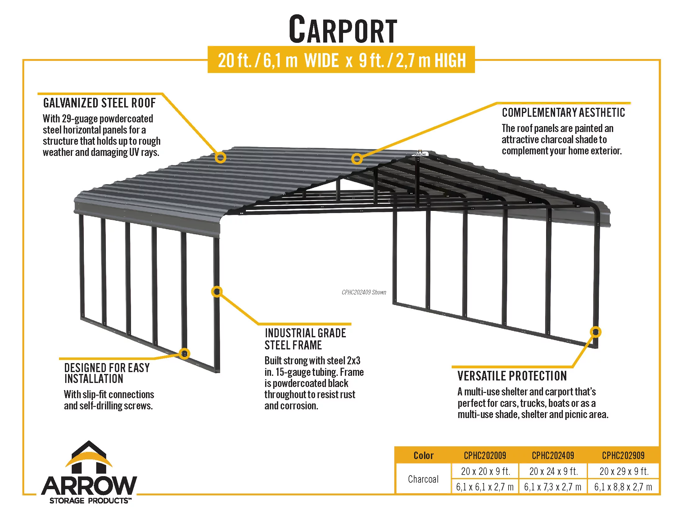 Arrow Carport, 20 ft. x 29 ft. x 9 ft. Charcoal