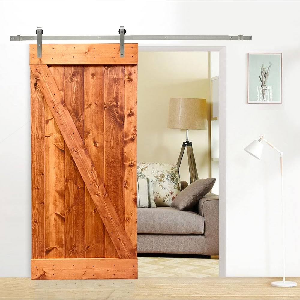 Calhome Z Bar Series 36 in. x 84 in. Pre-Assembled Red Walnut Stained Wood Interior Sliding Barn Door with Hardware Kit