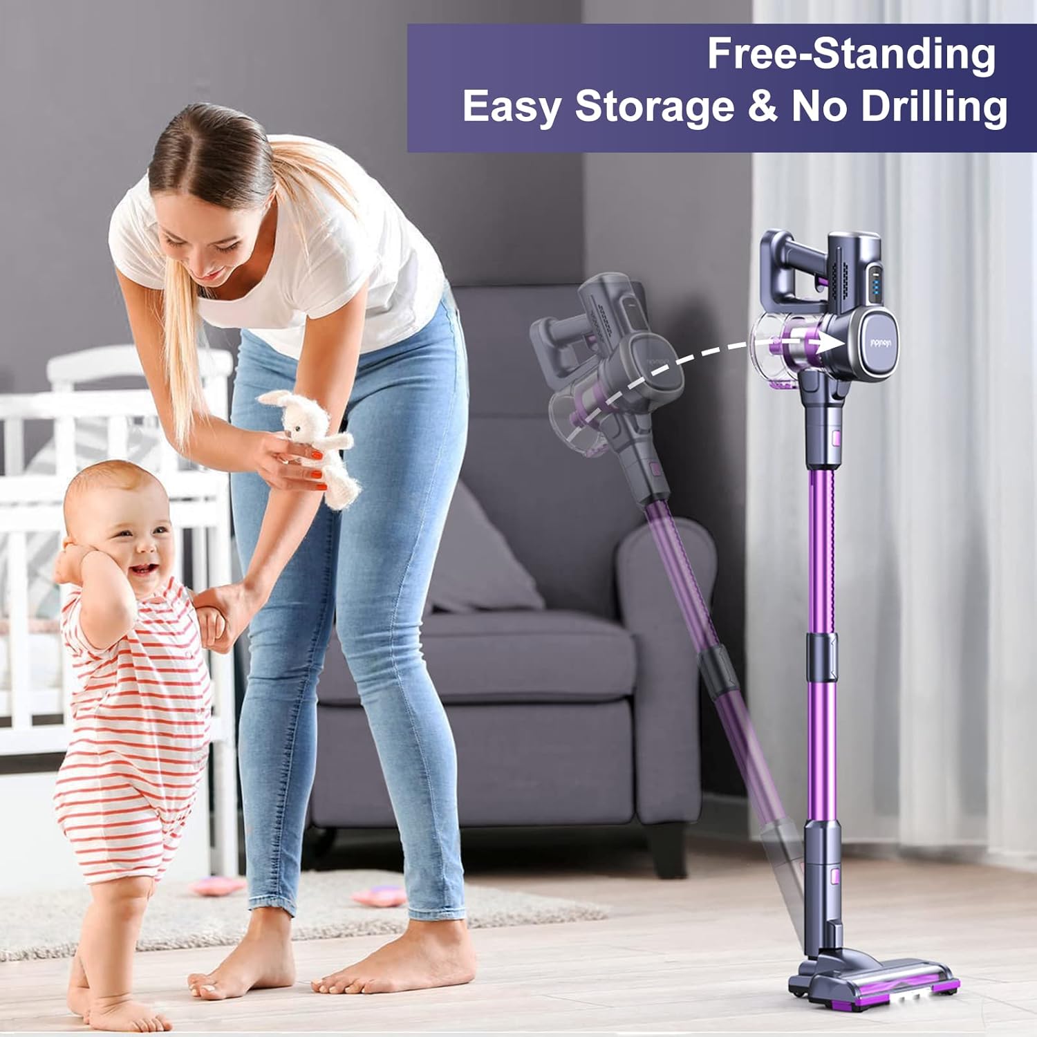 Cordless Vacuum Cleaner, Lubluelu Cordless Stick Vacuum with 25Kpa Powerful Suction, 50min Runtime, Detachable Battery, Self-Standing 6 in 1 Lightweight Vacuum for Hard Floor, Carpet, Pet Hair
