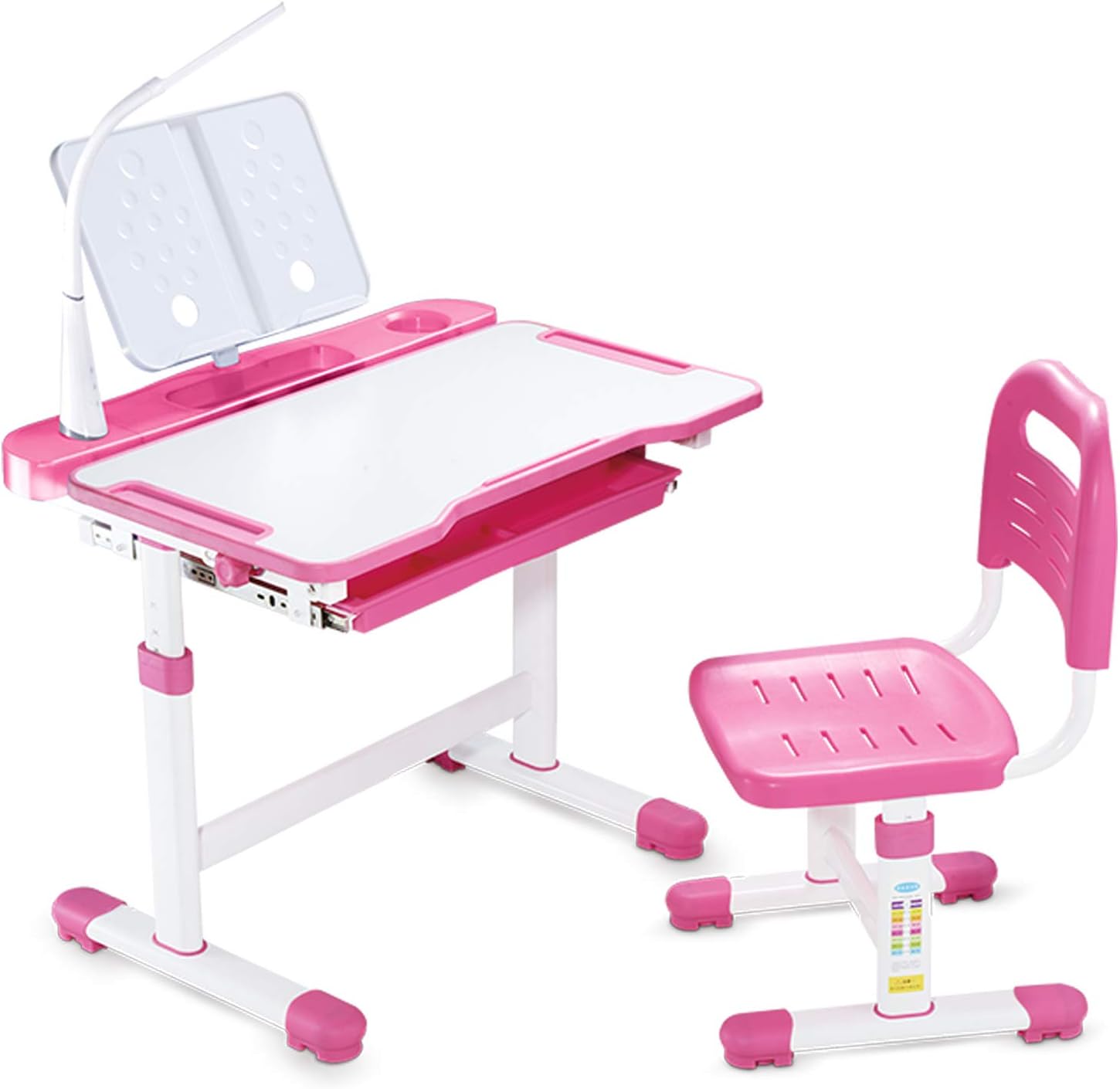 Kids Desk Table and Chair Set Adjustable Height Childs Study Desks School Student Writing Tables Out Drawer Storage,Pencil Case,Bookstand,LED Light in Pink