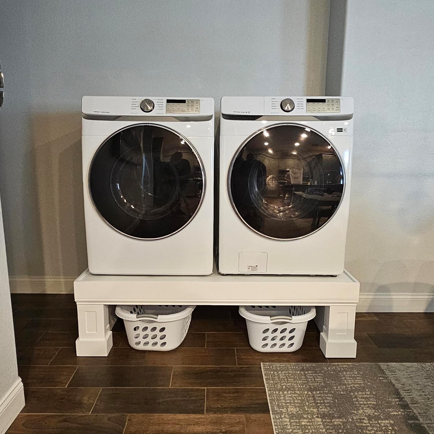 LaundryRise Handcrafted Laundry Washer and Dryer Pedestal Raiser Platform works with most of the Washers and Dryers Pair on the market Additional Laundry Storage made out of solid wood, 53-60" wide