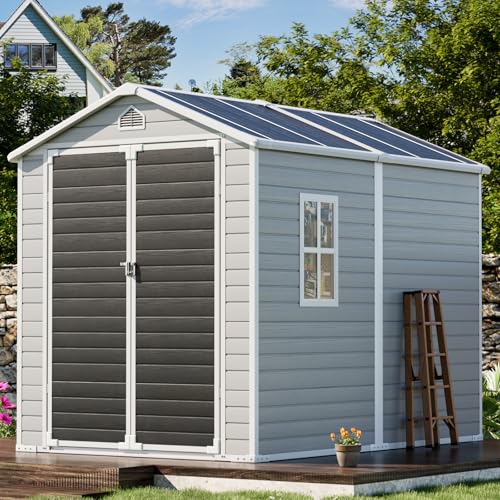 8x6x7 FT Resin Storage Shed, Waterproof Outdoor Storage Shed w/Floor, 2 Windows, Double Lockable Doors & Vents, Tool Shed for Patio Garden, Lawn, Backyard, Dove Grey