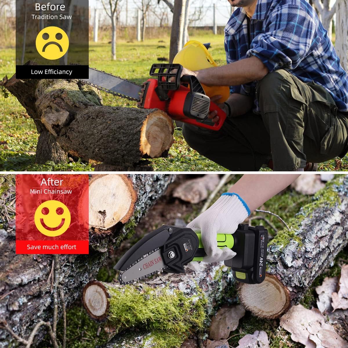DOCFUN Mini Chainsaw Cordless with 2 Pcs 24V Rechargeable Battery, Portable One-Handed Chainsaw for Tree Trimming Branch Wood Cutting and Gardening Pack of 2