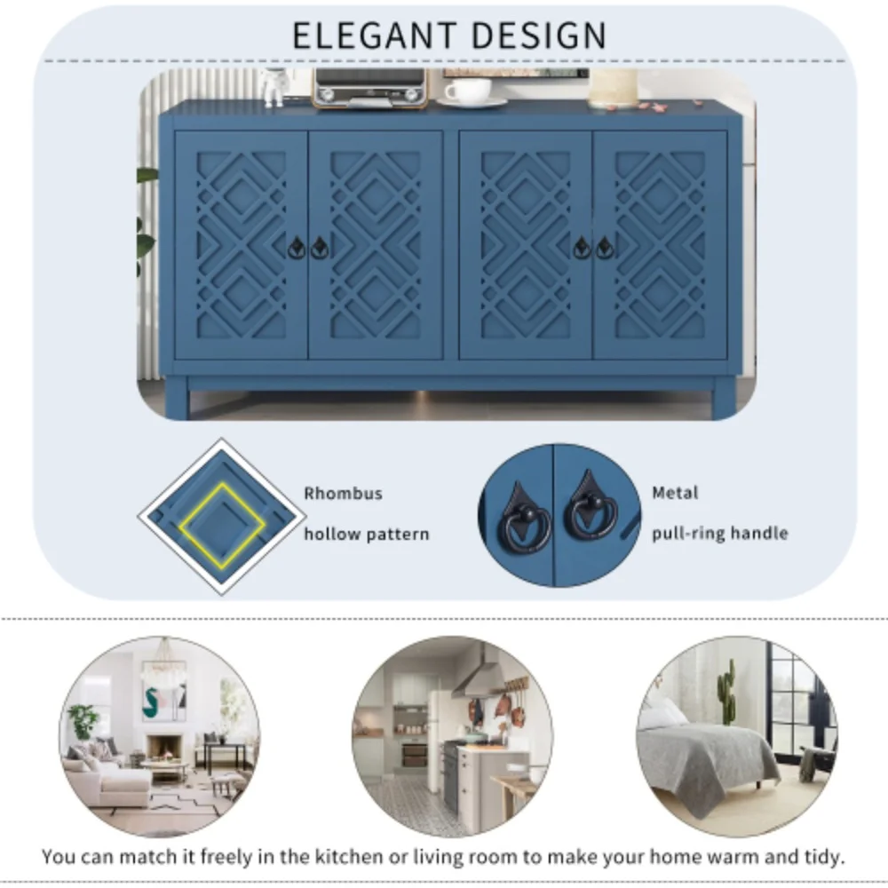 TREXM Large Storage Space Sideboard, 4 Door Buffet Cabinet with Pull Ring Handles for Living Room, Dining Room (Navy)  Navy + MDF