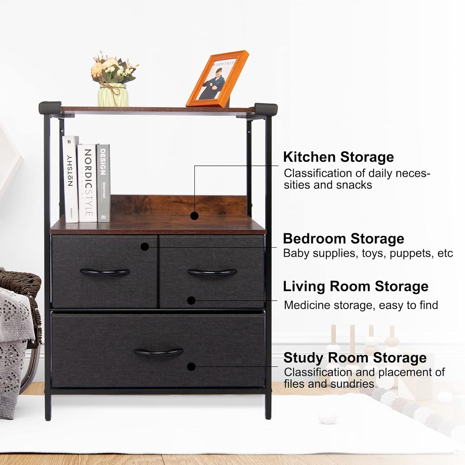 CONNOO Large Storage Dresser Unit, Wide Standing Fabric Dresser Room Organizer Cabinet for Bedroom, Hallway, Entryway, Closet, Nursery, 5 Removable Drawers Storage Tower, Wooden Top & Easy Pull Handle