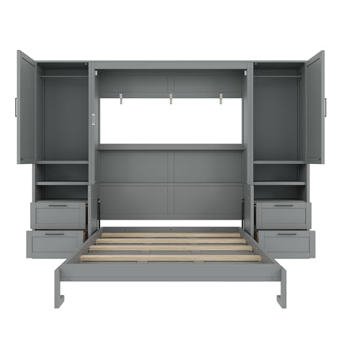 Merax Queen Size Murphy Bed with Desk, Space-Saving Wall Bed Frame with Closet, Drawers and Shelves, Foldable Platform Bed for Small Spaces Studio Study Office Guest Room, Gray
