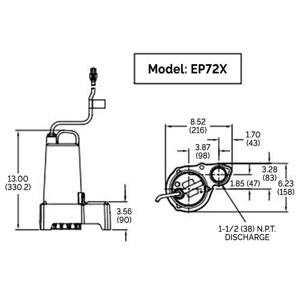 Barnes 119330 Model EP52X Submersible Effluent Pump, 1/2 hp, 240V, 1 Phase, 1-1/2" NPT Discharge, 3450 rpm, Manual, 20' Cord