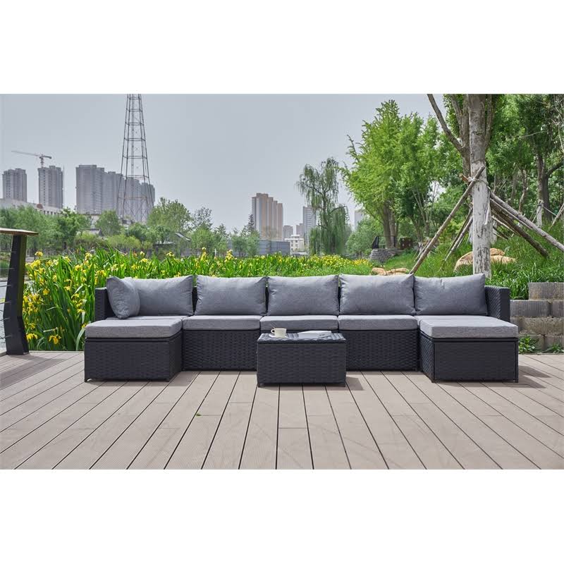 Kingway Furniture Beaufort Grey Wicker/Rattan Sectional with Storage Ottoman - W5008