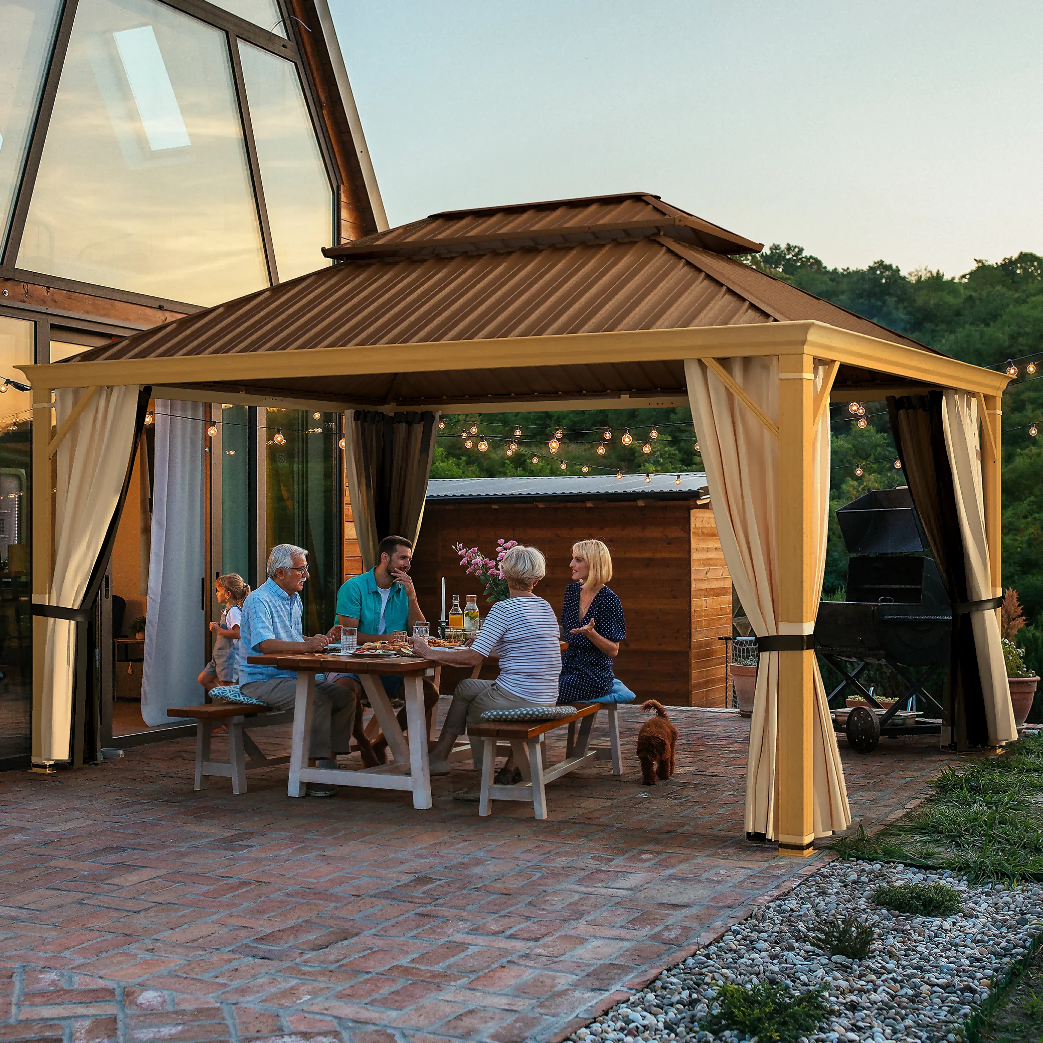 Richryce Gazebo 12’x16’W/Steel Double Roof Hardtop Gazebo, Rust Resistant Coated Aluminum Frame Waterproof Pavilion, Curtains & Netting Included Gazebo for Patio Backyard Garden Lawn Parties, Brown